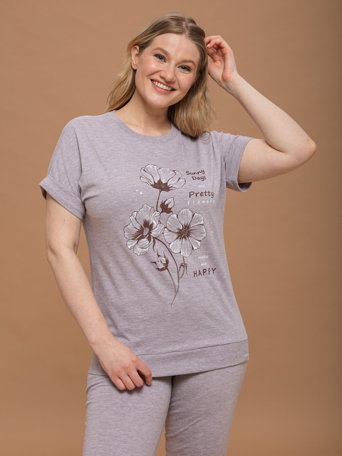 Пижама домашняя женская Алтекс футболка со штанами бежевая, размер 50 - фотография № 4