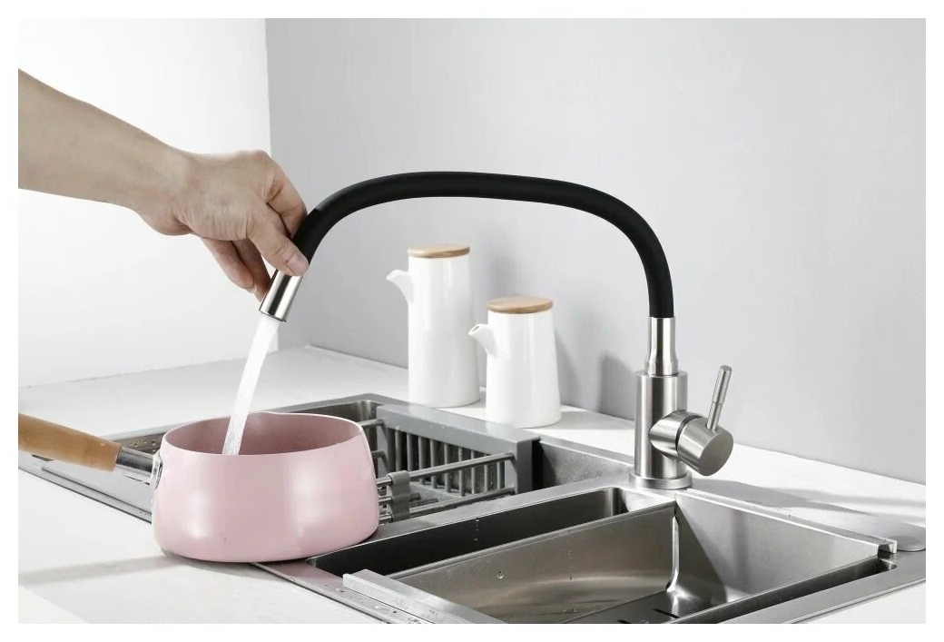 Смеситель для кухни с гибким изливом Hansen H59304-GC из нержавеющей стали, цвет сатин - черный - фотография № 6