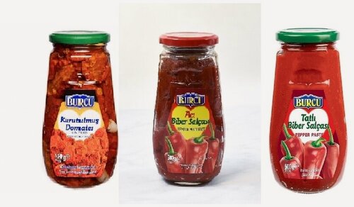 Изображение товара Набор BURCU / Паста Перечная острая 600 гр / Паста Перечная Сладкий перец 600 гр / Вяленые помидоры сушеные на солнце, в масле 550 гр / Произведено в Турции / Премиум качество продукта