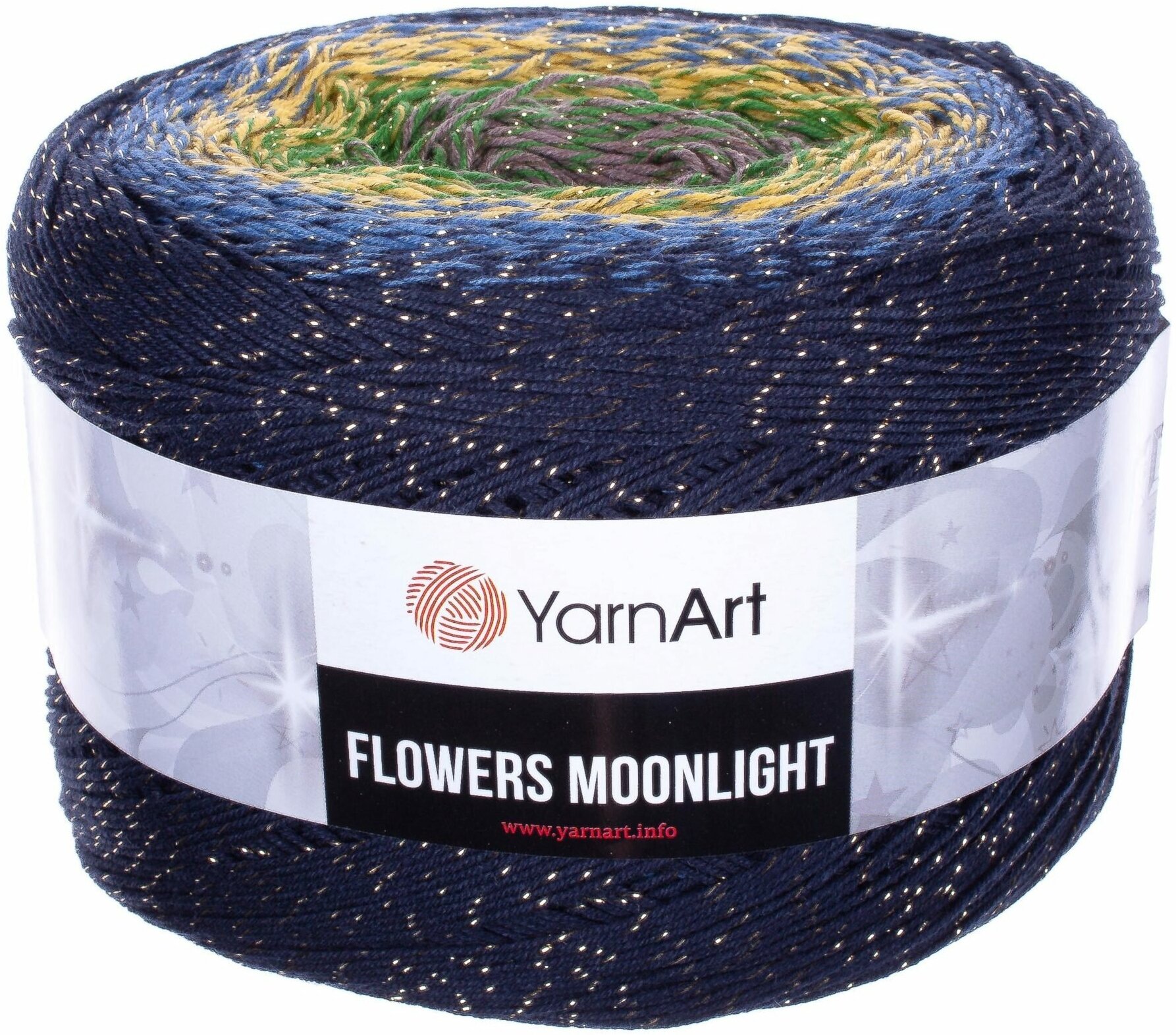 Пряжа YarnArt Flowers Moonlight темно синий-желтый-зеленый серый (3250), 53%хлопок/43%акрил/4%металлик, 1000м, 260г, 1шт