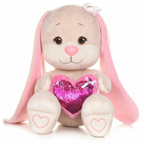 Мягкая игрушка Jack & Lin Зайка с розовым сердцем, 35 см, розовый/бежевый