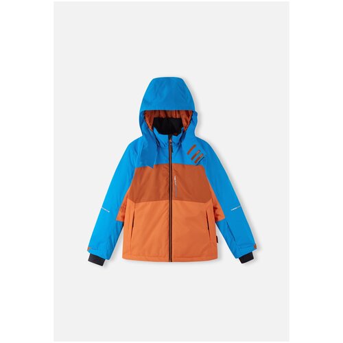 фото Куртка reima, демисезон/зима, водонепроницаемость, утепленная, ветрозащита, капюшон, съемный капюшон, регулируемый капюшон, карман для ски-пасса, карманы, внутренний карман, защита от попадания снега, размер 122, оранжевый, синий