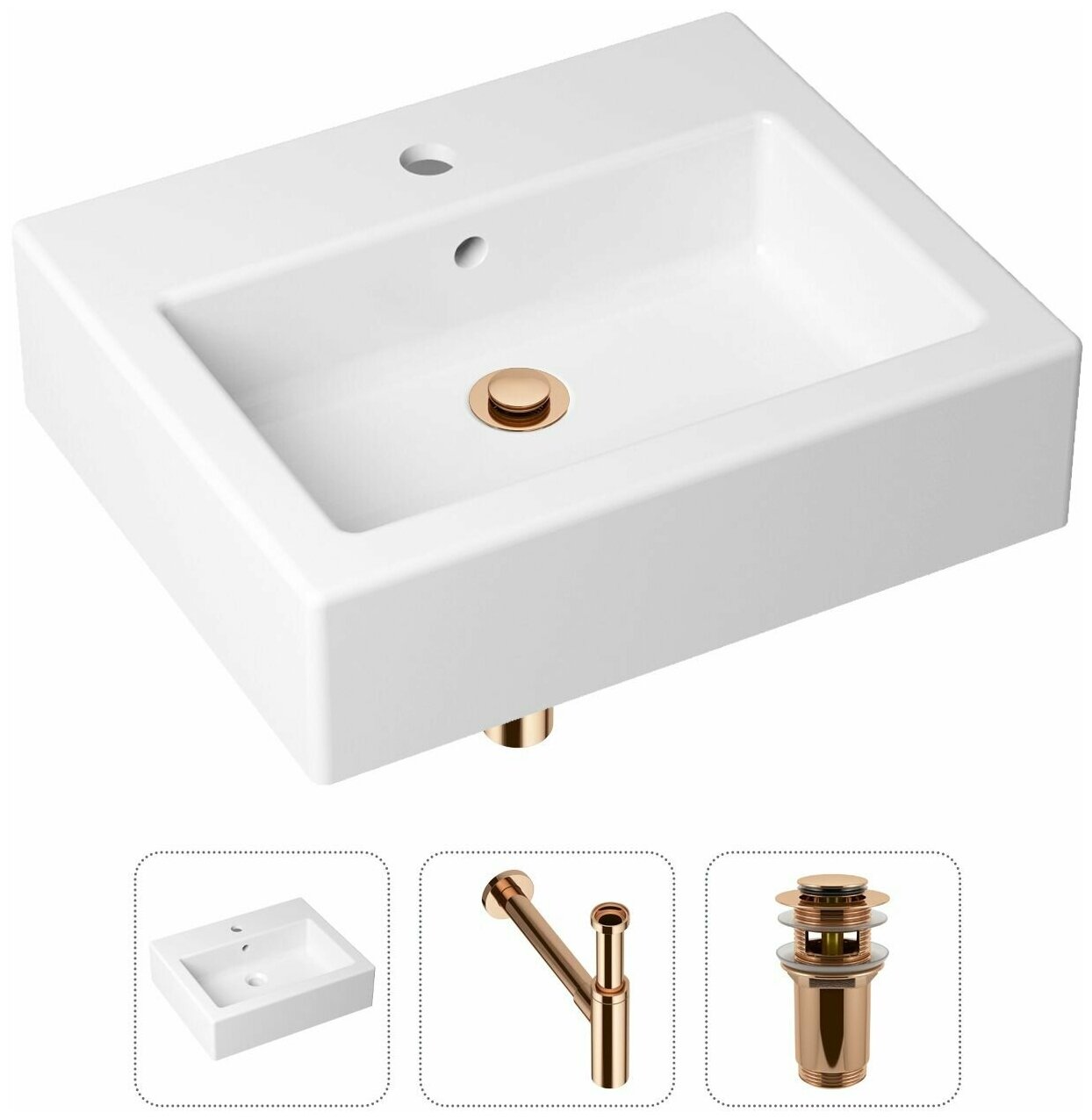 Накладная раковина в ванную Lavinia Boho Bathroom Sink 21520690 в комплекте 3 в 1: умывальник белый, донный клапан и сифон в цвете розовое золото