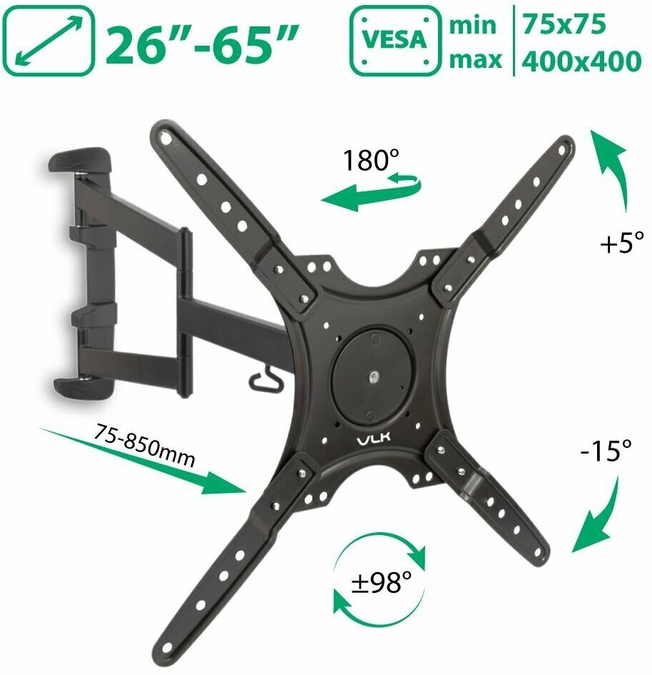 Кронштейн для телевизора на стену / крепление наклонно-поворотное VLK TRENTO-19 / до 65 дюймов / vesa 400x400