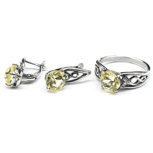 Комплект бижутерии Радуга Камня: серьги, кольцо, циркон, размер кольца 20, желтый