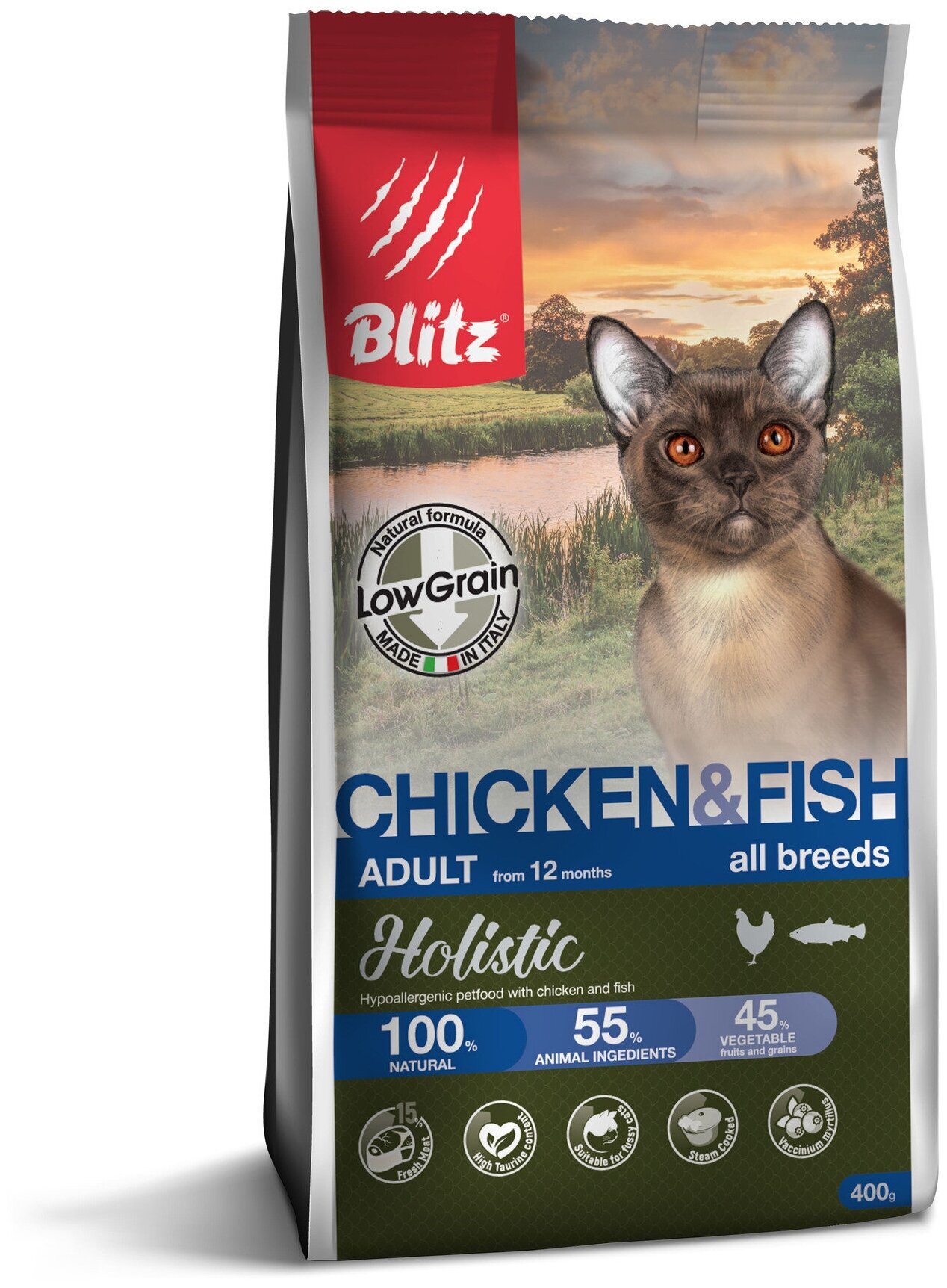 BLITZ HOLISTIC LOW-GRAIN ADULT CAT CHICKEN & FISH низкозерновой для взрослых кошек всех пород с курицей и рыбой (0,4 кг) - фотография № 1