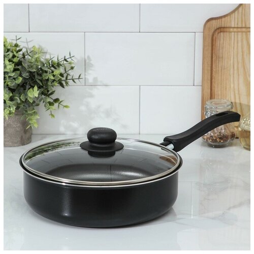 Сотейник Promo 28 л d 24 см стеклянная крышка пластиковая ручка антипригарное покрытие цвет чёрный 2056₽