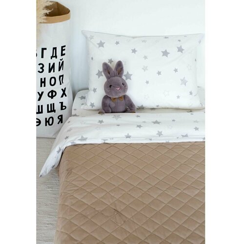 COROCOCO Покрывало детское плюшевое Серый беж+серые звезды 130х210 см, с хлопковым подкладом