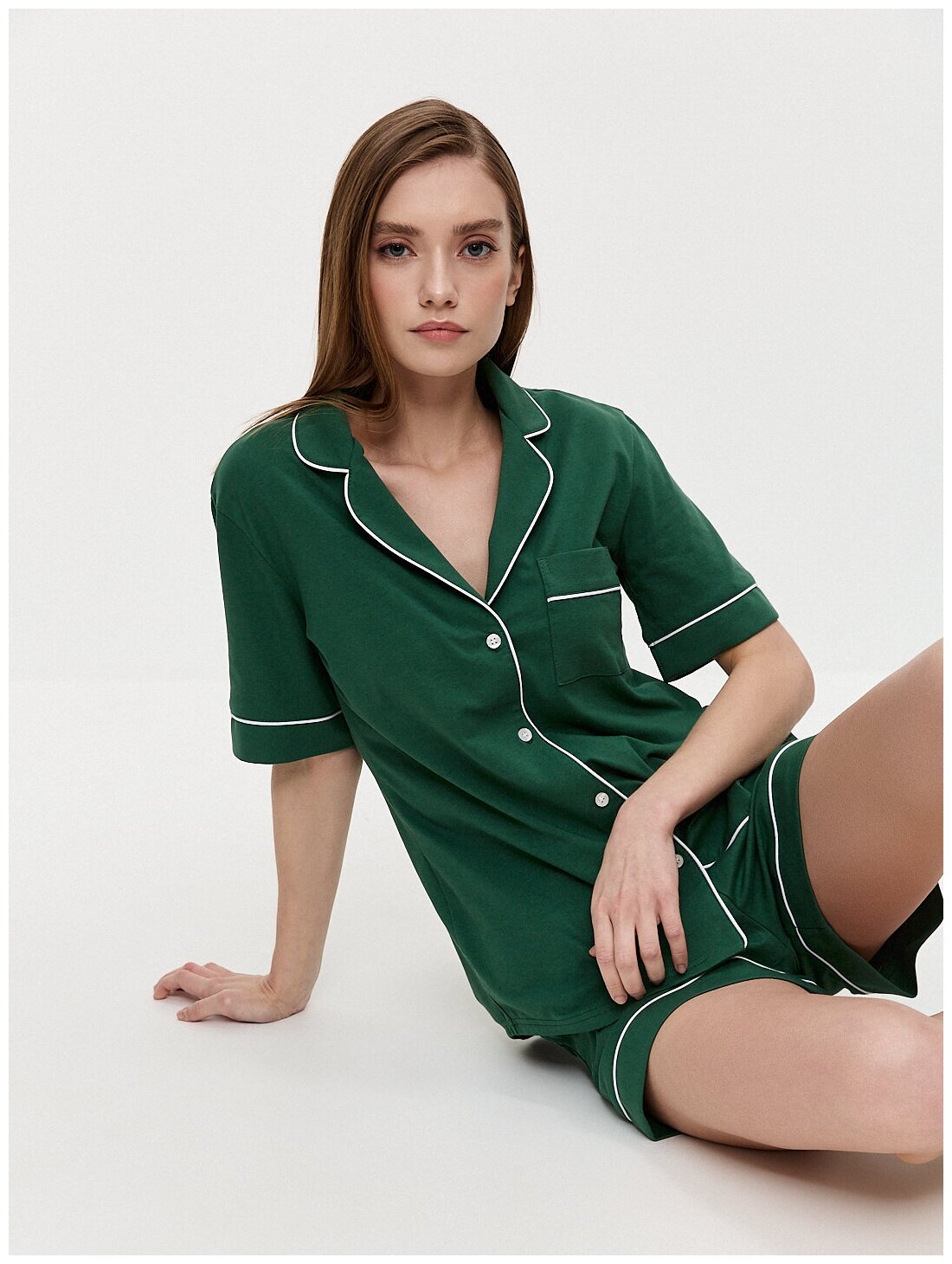 Пижама с шортами Английский воротник цвет Темно-зеленый S - фотография № 1