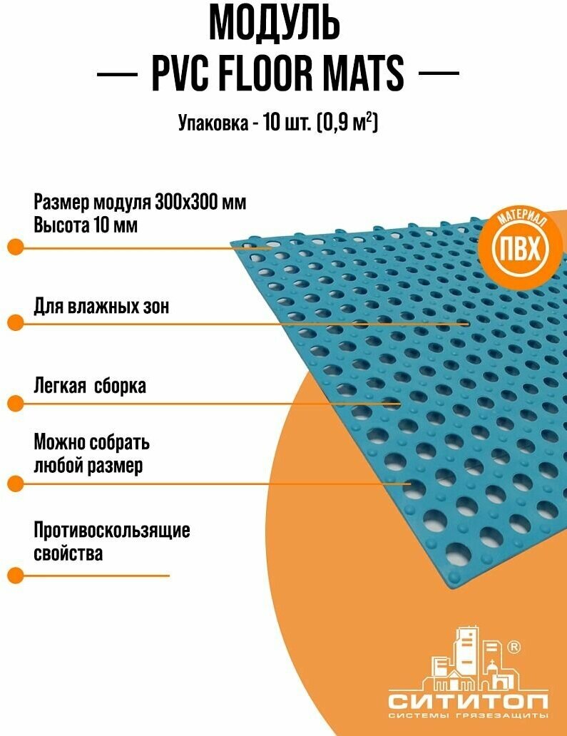 Модульное противоскользящее покрытие для влажных зон (PVC floor mats Голубой) 300х300мм 10шт.
