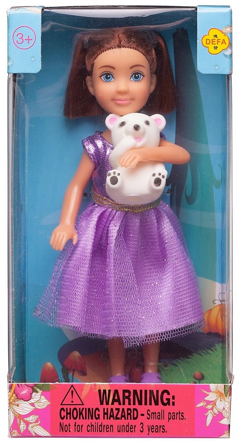 Кукла Defa Lucy Малышка в сиреневом платье с белым медвежонком, 15 см 8280d/сиреневое