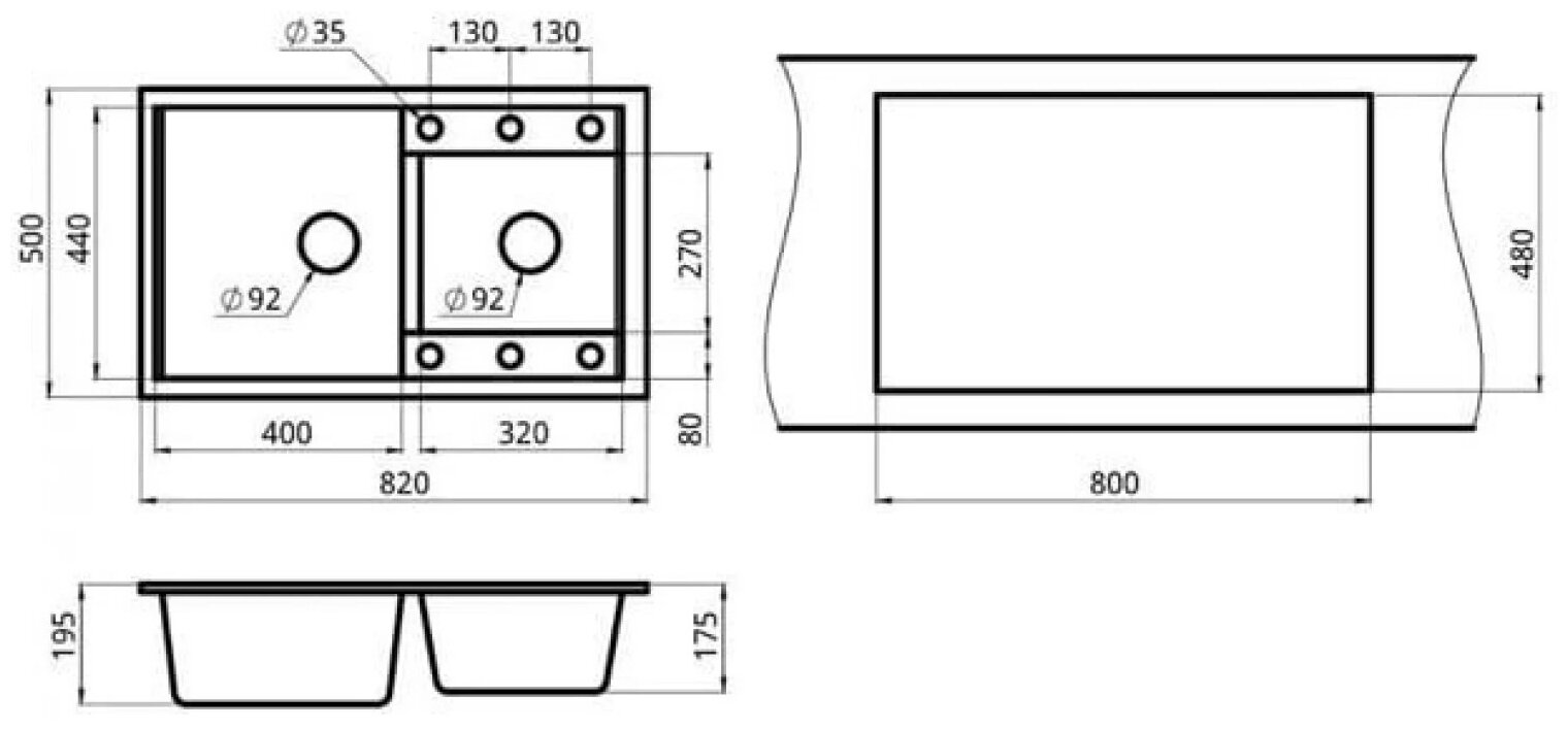 Кухонная мойка кварцевая Granula GR-8201 двухчашевая, врезная, чаша 400x440, 320x270, цвет черный (8201bl) - фотография № 5