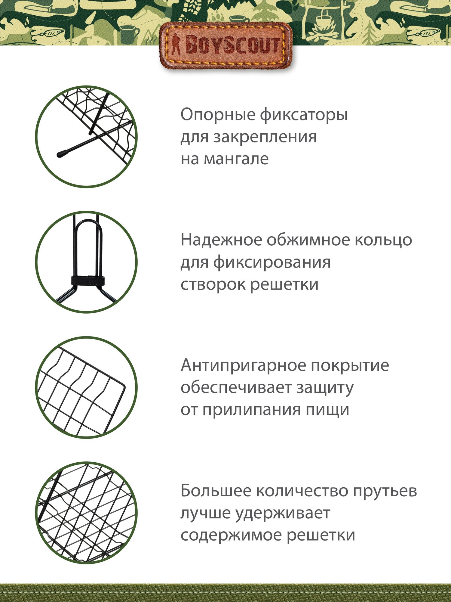 Решетка-гриль для 6 порций блюд, большая с антипригарным покрытием, картонный веер в подарок, 62(+5)x40x30x2,5 cм BOYSCOUT