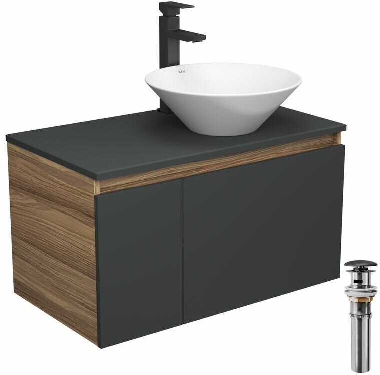 Комплект для ванной, 4 предмета (тумба Bau 80, графит + раковина BAU Dream D43 + смеситель Hotel Black, выпуск клик-клак, черный)