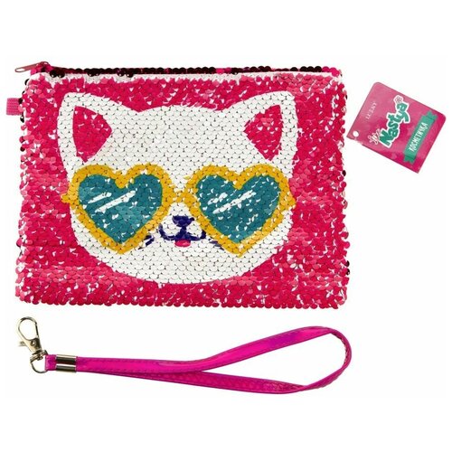 фото Косметичка с пайетками хамелеон с кошкой like nastya с ремешком 21х14 см lucky