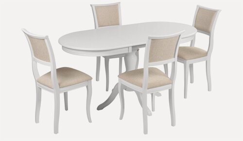 Изображение товара Обеденная группа стол раскладной Анфея 110(150) х 75 см, Белый и 4 стула Камир Белый/Кремовая рогожка