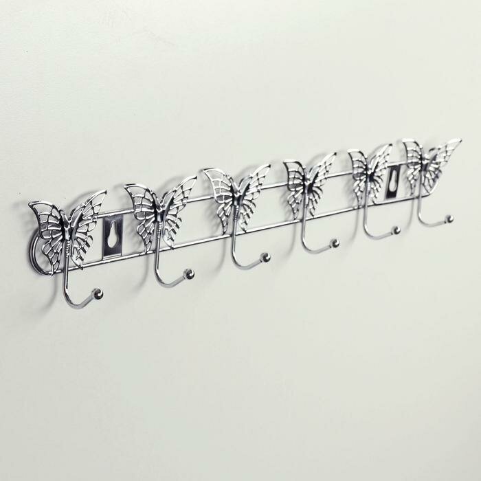 Вешалка настенная на 6 крючков Доляна «Бабочки», 34,5×3×6,5 см, цвет серебряный