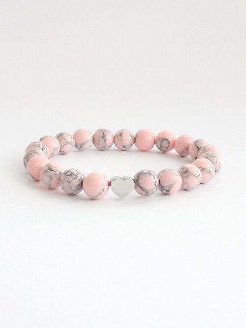 Браслет Pechinoga Design Браслет из натурального камня с сердечком, металл, размер 18 см, размер L, розовый, серебряный