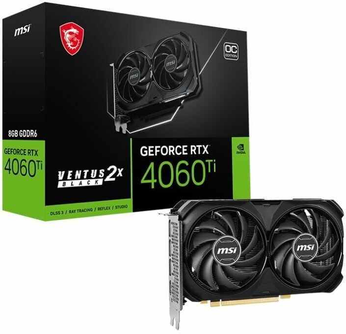 Видеокарта MSI RTX4060Ti VENTUS 2X BLACK 8G OC GDDR6 3xDP HDMI 128bit PCI-E Gen4x8 RTL