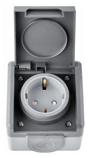 фото Розетка накладная с крышкой пылеструезащищенная, открытой установки, с/з, со шторками, IP55, серый