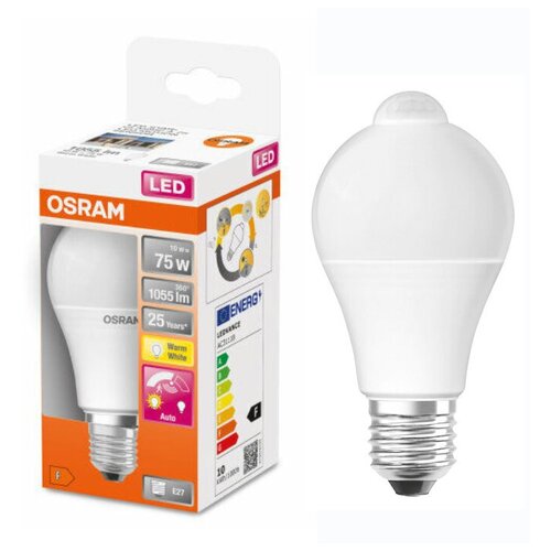 Лампа светодиодная Osram Груша 10Вт E27 сенсорная с датчиком движения 1055Лм 2700К Теплый белый, упаковка 1шт