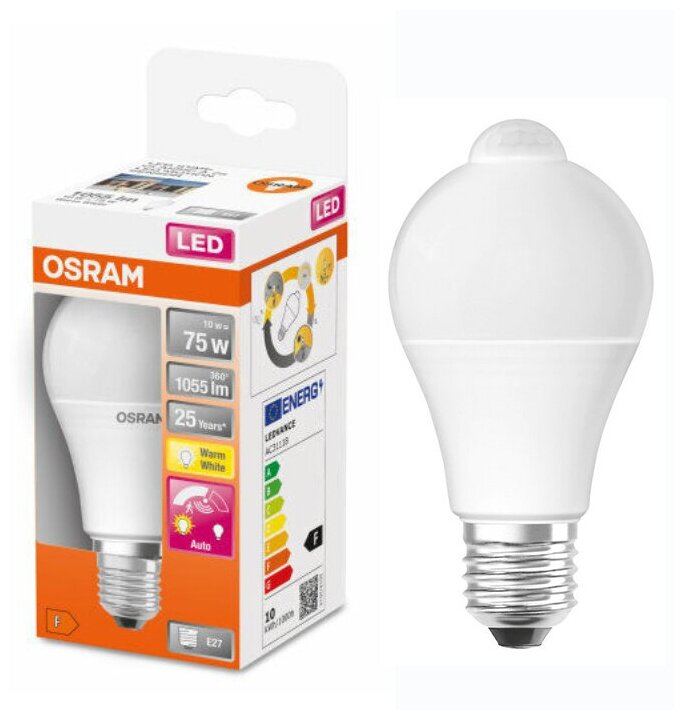 Лампа светодиодная Osram Груша 10Вт E27 сенсорная с датчиком движения 1055Лм 2700К Теплый белый упаковка 1шт