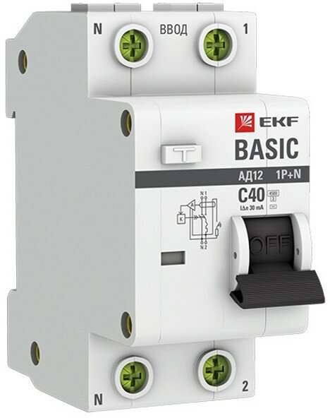 Выключатель дифференциального тока EKF Basic АД-12 1P+N 40А 30мА электронный тип АС C 4.5кА