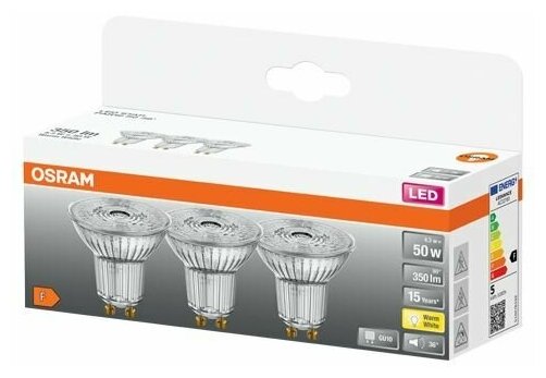 Лампочка светодиодная OSRAM Экопак Софит PAR16 GU10 43Вт 220В 350Лм 2700К Теплый белый (3шт/уп) упаковка 1шт