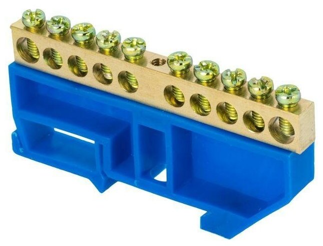 Шина нулевая N 6х9 10 отверстий синий изолятор на DIN-рейку латунь розн. стикер PROxima | код. sn0-63-10-d-r | EKF ( 1шт. )