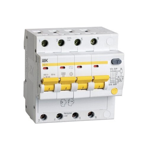 Дифференциальный автоматический выключатель АД14 4 полюса, 63А, Тип AC, х-ка C, 30мА. MAD10-4-063-C-030 IEK