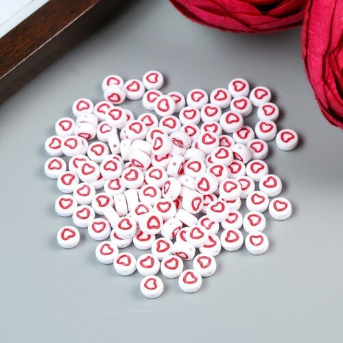 Набор бусин для творчества пластик Красное сердце с белой серединкой 20 гр 0 7х0 7х0 4 см