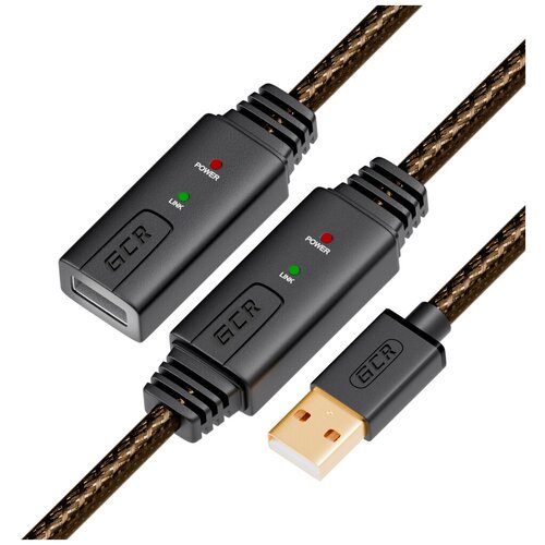 фото Кабель удлинитель gcr usb 2.0, am / af, 2 усилителя сигнала premium, активный, 15м, черно-прозрачный