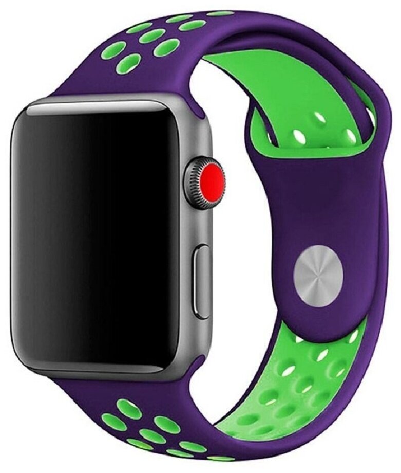 Cиликоновый ремешок спортивный для Apple Watch Series 1-8 и Ultra - 42/44/45/49 мм (эпл вотч), фиолетово-зеленый