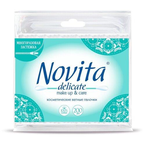 Ватные палочки Novita Delicate Make up & care косметические, 200 шт., пакет