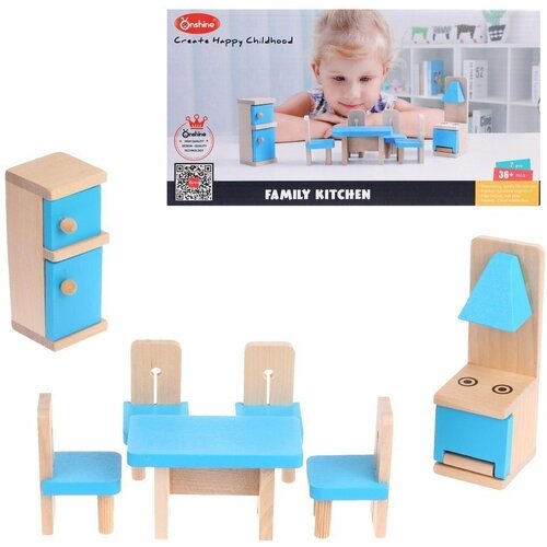 фото Набор игрушечной мебели деревянной для кукольного домика кухня, 7 элементов в коробке нет бренда