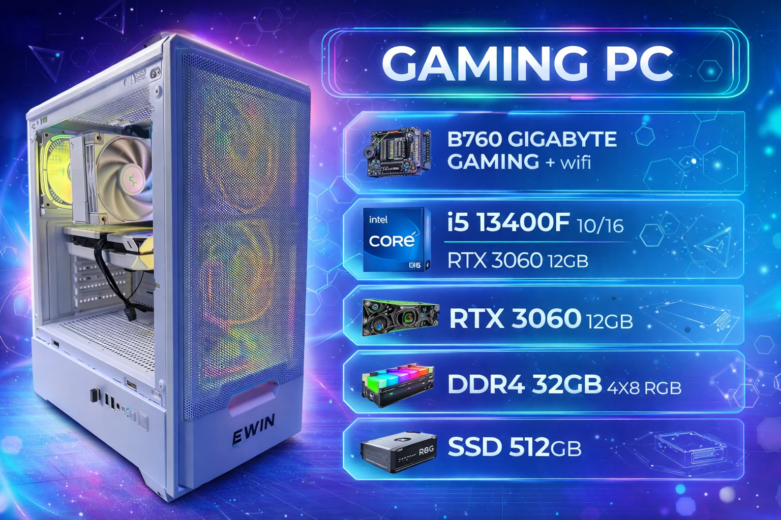 Игровой ПК Premium White i5-13400F + видеокарта 12GB RTX 3060 , 32GB DDR4 RGB, SSD 512 GB