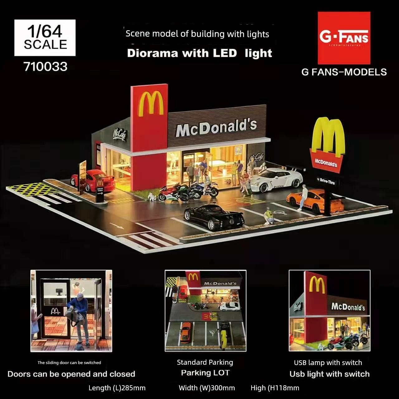 Сцена McDonald's №2 1:64 масштаба с LED-подсветкой - миниатюрная автостоянка в стиле фастфуда для коллекционеров (без