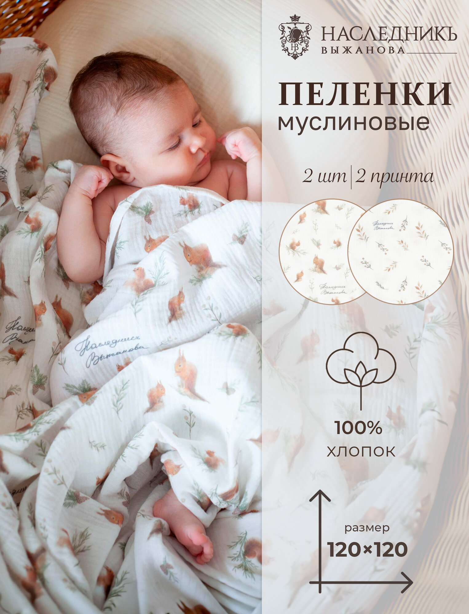 Набор муслиновых пеленок "Лесные жители" 2 шт. НаследникЪ Выжанова