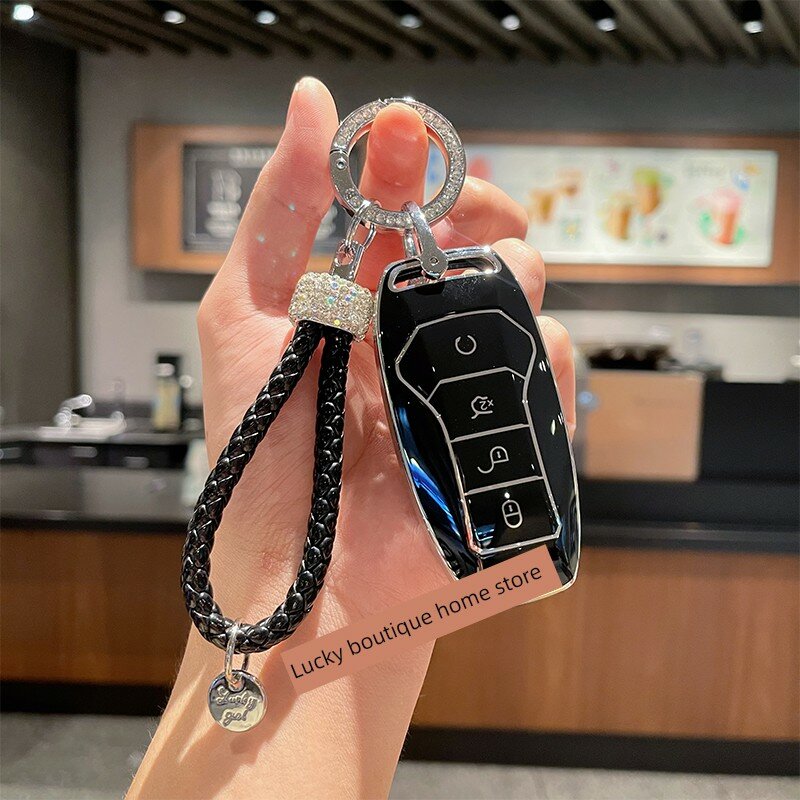 Черный чехол для ключа с диамантовым кольцом и веревкой, BYD автомобили