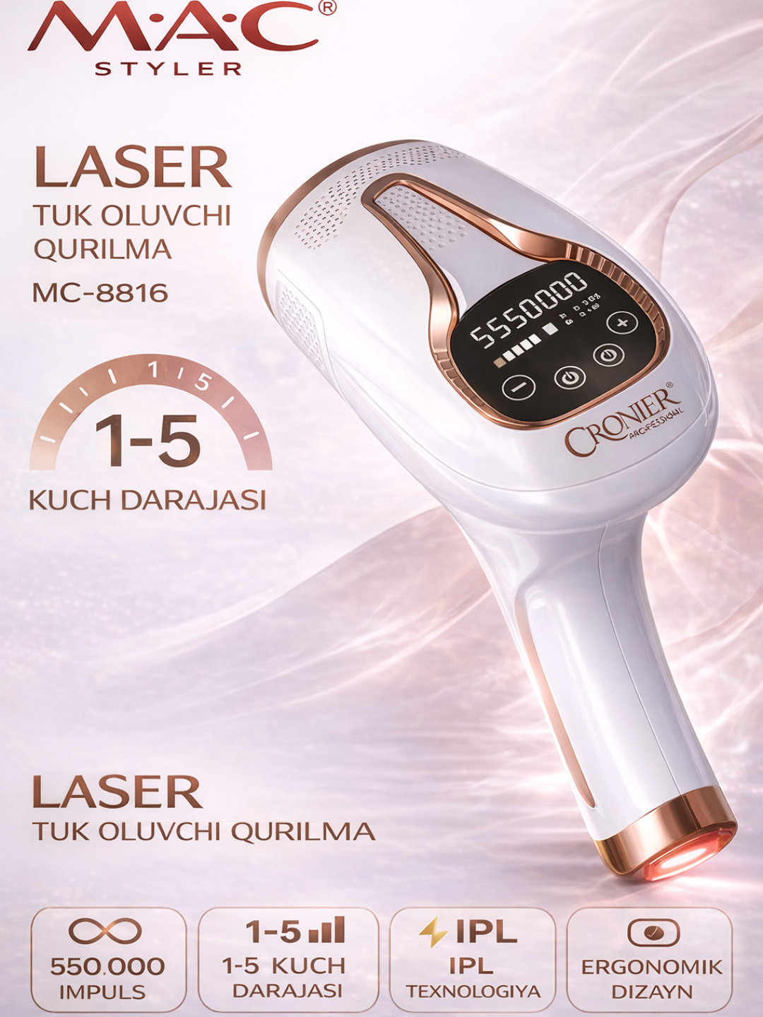 Фотоэпилятор Cronier CR-8816 IPL, 5 уровней мощности, дисплей