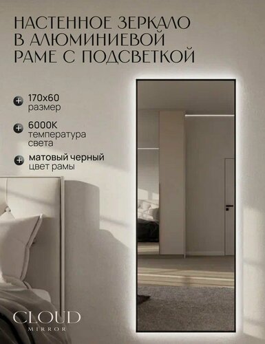 Изображение товара Зеркало 170х60 см. CLOUD MIRROR с подсветкой в алюминиевой раме настенное. Свет: Холодный белый 6000К, Черное