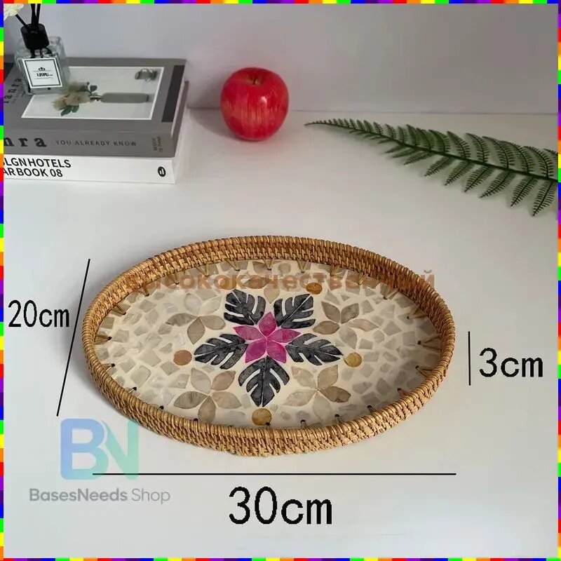 Поднос овальный из ротанга с декором из ракушек, 30x20 см, ручная работа, для декора интерьера