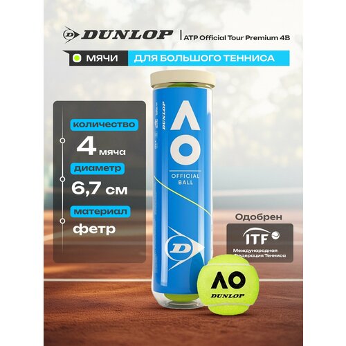 Мячи для большого тенниса Dunlop Australian Open 601602, упаковка 4 шт, ITF