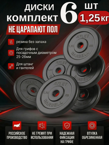 Изображение товара Диски/блины для гантелей и штанги MB Barbell Atlet (комплект 6 шт х 1,25 кг)
