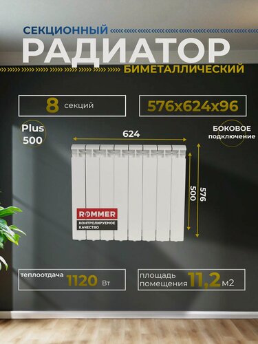 Изображение товара Радиатор секционный алюминиевый Plus 500 8 секций параметры 576х624х96 боковое подключение Сантехническая нить 20 м