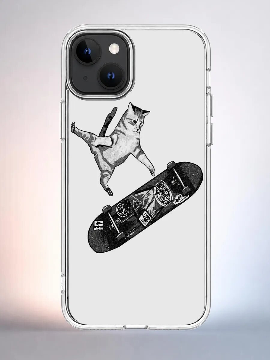 Чехол iPhone 15 кот скейтборд силиконовый прозрачный