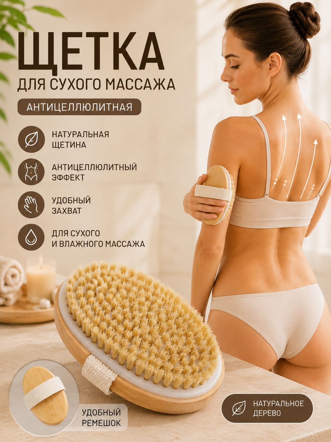 Щетка для сухого массажа вепрь (кабан)натуральная щетина, гладкая, подтягивающая