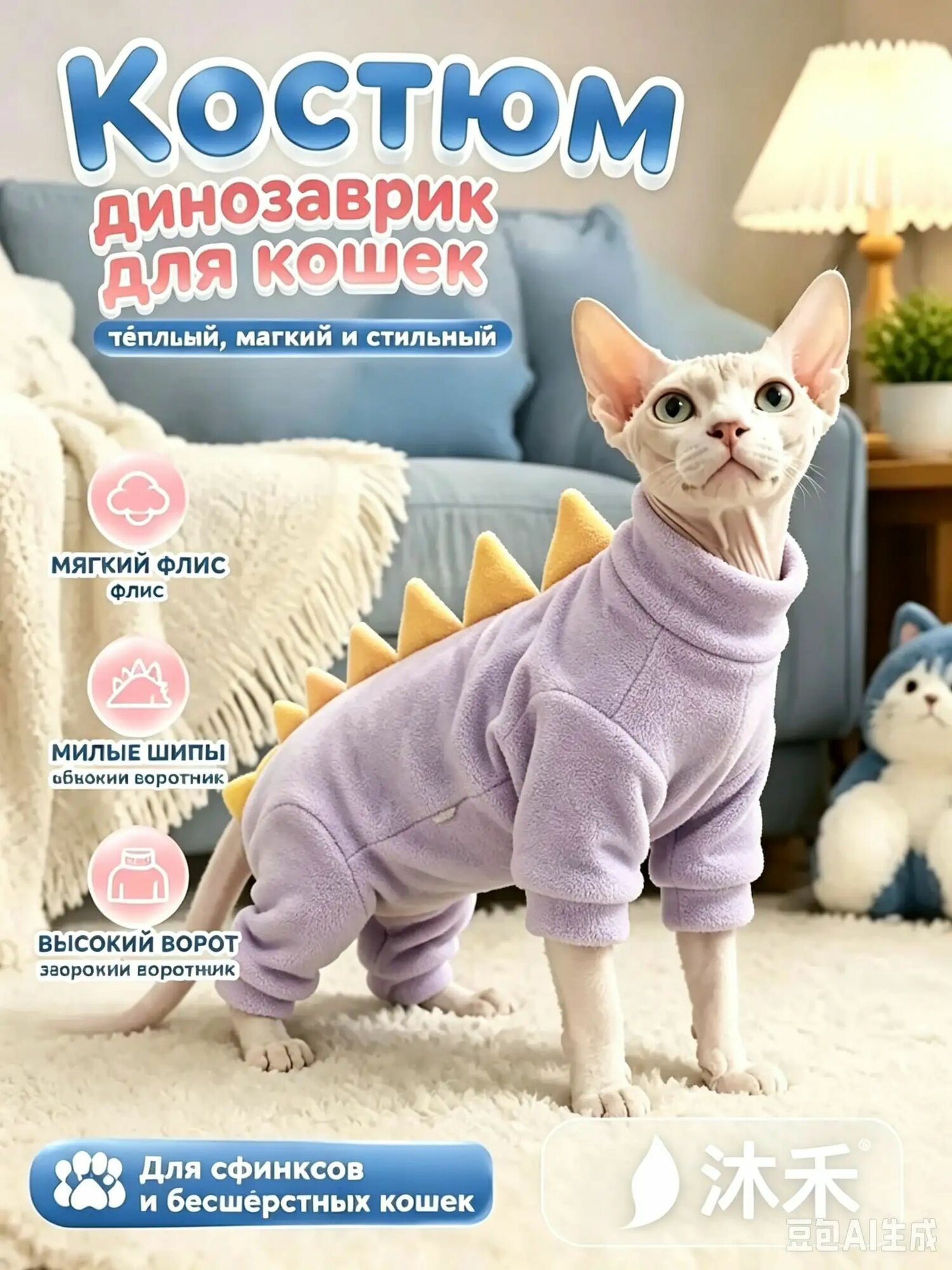 Модный комбинезон для кошек с принтом динозавра, одежда для питомцев, четыре лапы, трендовый дизайн, для котят, универсальный, мягкий, уютный