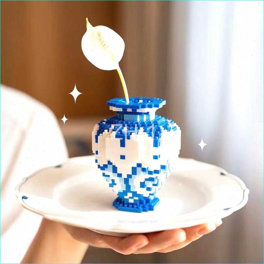 Китайская ваза из голубого и белого фарфора, собранные строительные блоки, совместимые, 6 лет + детские игрушки