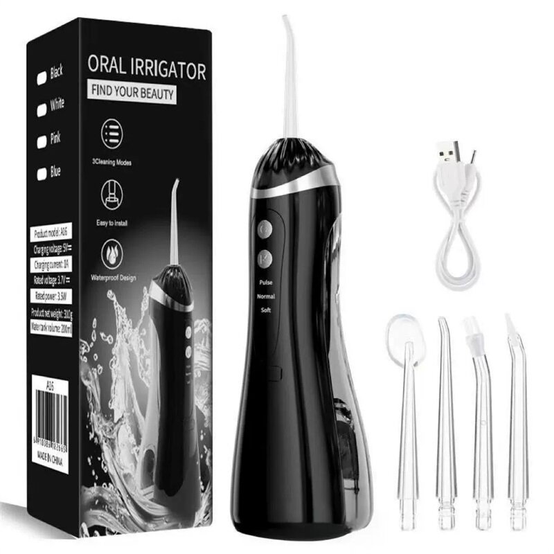 Портативный Ирригатор для полости рта Ирригатор для чистки зубов дорожный и компактный 4 насадки черный 200 мл